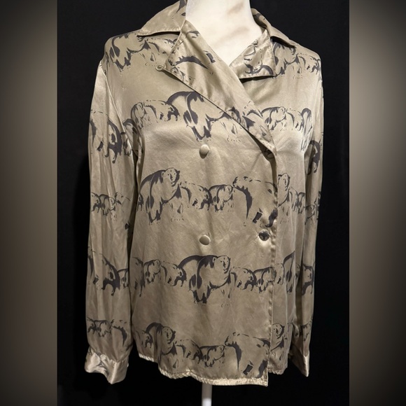 Vintage Tops - Vintage Ann May Double Breasted Silk Charmeuse Polar Bear Blouse
